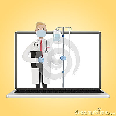 Doctor with dropper on the laptop screen. Toxicology, intoxication, decontamination. Internet doctor. Cartoon Illustration