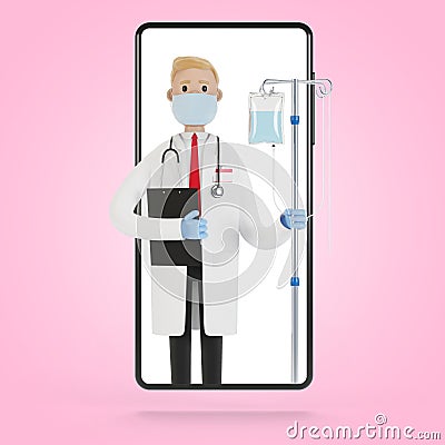 Doctor with a dropper in the smartphone screen. Toxicology, intoxication, decontamination. Online doctor. Cartoon Illustration