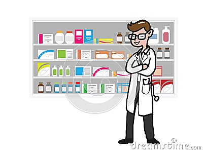 Doctor and drug shelf cartoon Vector Illustration