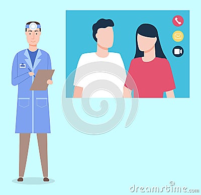 Doctor ent communicating with couple of patients through videocall, otolaryngologist making notices Vector Illustration