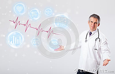 Doctor examinating modern heartbeat graphics Stock Photo