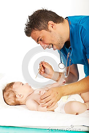 Doctor examine baby neck for sore throat Stock Photo