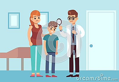 Doctor examines patient head, looking for lice in boy hair. Hygiene problem or infection, pediatrician and kid. Parasite Vector Illustration