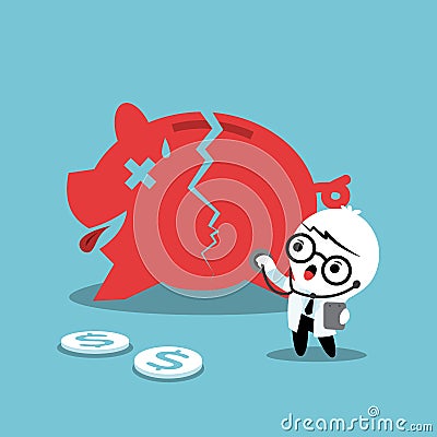 Doctor examining a broken piggy bank Vector Illustration