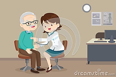 Doctor examining chest of a elderly man Vector Illustration