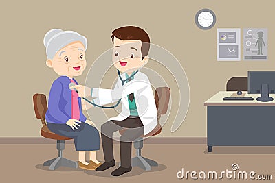 Doctor examining chest of a elderly woman Vector Illustration