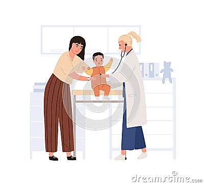 Doctor examining and listening child with stethoscope. Mother with baby at medical appointment at pediatrician office in Vector Illustration