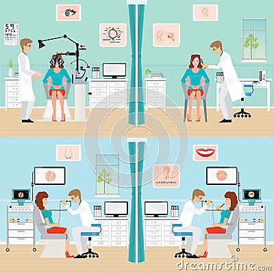 Doctor examining Patient with endoscope and Phoropter. Vector Illustration