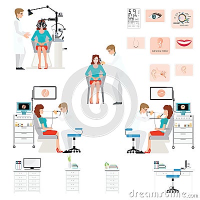 Doctor examining Patient with endoscope and Phoropter Vector Illustration