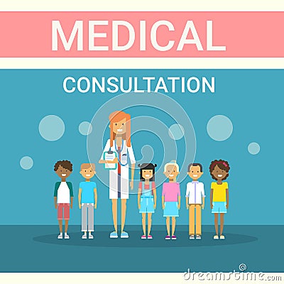 Doctor Examining Patients Group Medical Consultation Health Care Clinics Hospital Service Medicine Banner Vector Illustration