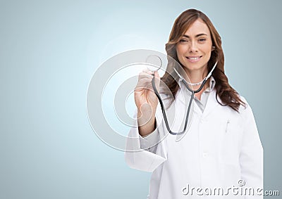Doctor examining with stethoscope against grey background Stock Photo