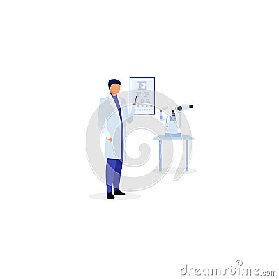 Doctor with eyesight chart flat vector illustration. Ophthalmologist checking visual acuity. Therapist pointing on vision test Vector Illustration