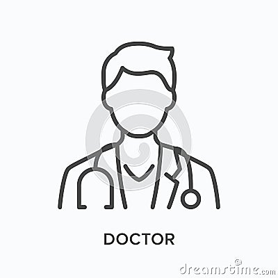 Doctor flat line icon. Vector outline illustration of male physician in coat with stethoscope. Medic specialist avatar Vector Illustration