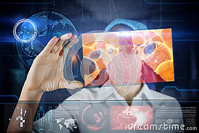 Doctor with futuristic hud screen tablet. Fat cells. Medical concept of the future Stock Photo