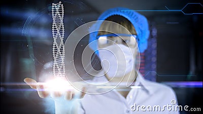 Doctor with futuristic tablet on hand. DNA. Medical concept of the future. Stock Photo