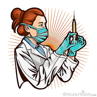 Doctor girl with vaccine isolated on white background Vector Illustration