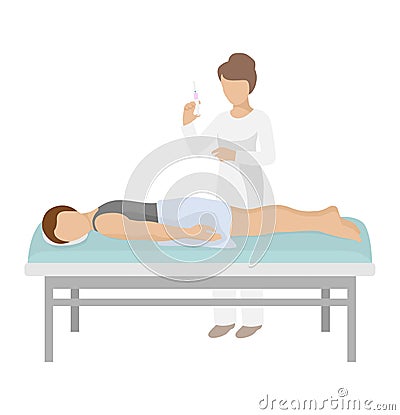 Doctor give shot to character patient on bed, vector illustration. Medical healthcare in cartoon hospital concept Vector Illustration