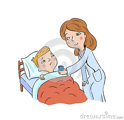 Doctor gives medicine to a sick boy Vector Illustration