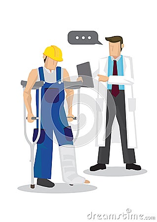 Doctor giving advise to his patient having a injured fracture leg. Concept of healthcare and medicare Vector Illustration