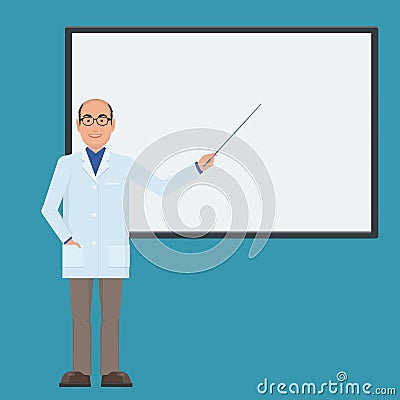 Doctor giving medical presentation on whiteboard. The doctor in Vector Illustration