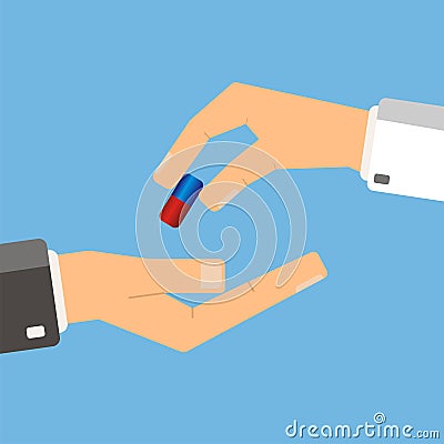 Doctor giving medicine capsule to patient. Healthcare concept. V Vector Illustration