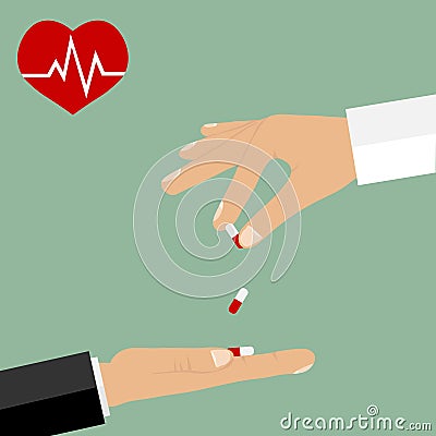 Doctor giving pills to a patient. A sick heart, a cardiogram Vector Illustration