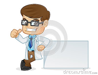 Doctor Giving Thumb Up and Leaning on a Blank Sign Vector Illustration