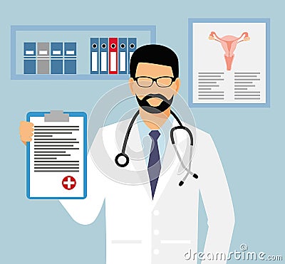 Doctor in glasses with a sheet of assignment in his hand. gynecologist in office vector illustration. Medical doctor with stethosc Vector Illustration