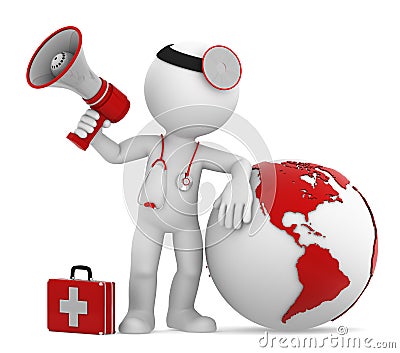 Doctor with globe and megaphone. Americas side Stock Photo