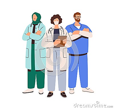 Doctor group portrait. Medical worker standing. Hospital staff, clinic personnel. Healthcare team, therapist Vector Illustration