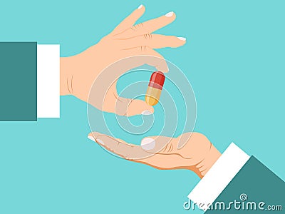 Doctor hand giving pills to patient vector illustration. Pharmacist hands gives tablets patient. Taking pill and Vector Illustration