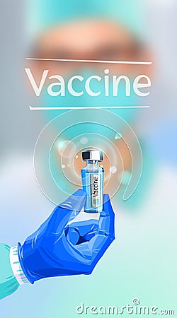 The doctor hand holds an ampoule of vaccine against the virus Vector Illustration