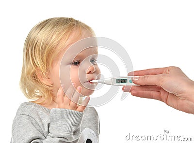 Doctor hand measuring temperature to baby toddler child kid with Stock Photo