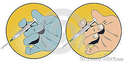 Doctor hand press syringe ready to inject. Stock illustration Vector Illustration