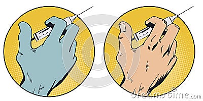 Doctor hand press syringe ready to inject. Stock illustration Vector Illustration