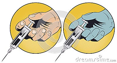 Doctor hand press syringe ready to inject. Stock illustration Vector Illustration