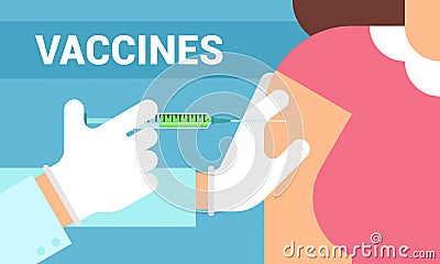 Doctor hand with syringe making vaccination of patient. Vector illustration in flat style Vector Illustration