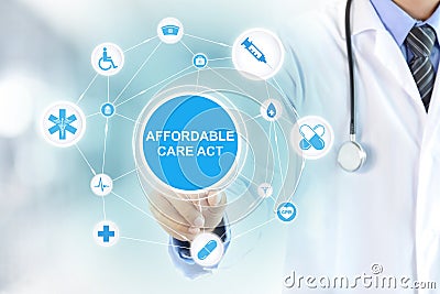 Doctor hand touching AFFORDABLE CARE ACT sign Stock Photo