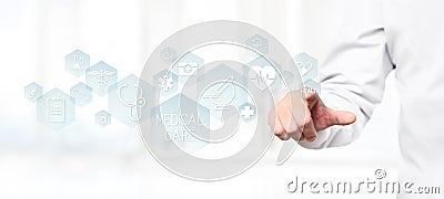 Doctor hand touching medical icons on screen Stock Photo