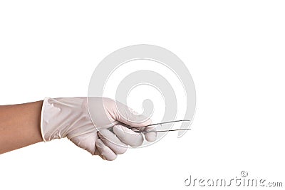 Doctor hand in white latex sterile gloves with forceps isolated Stock Photo