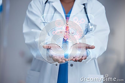 Doctor, hands and hologram of virus, medical dna evolution and digital science research. Healthcare, bacteria and Stock Photo