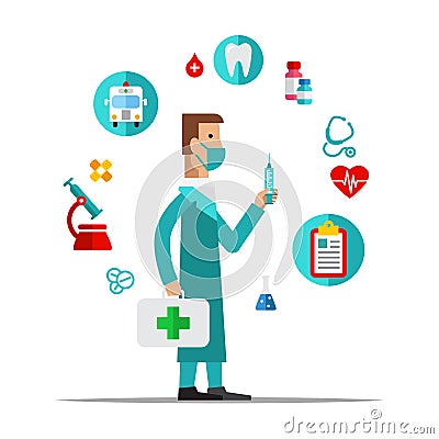Doctor, Health care, medical items. Flat style Vector Illustration