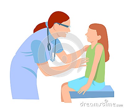Doctor, health professional, physician in white scrubs examine a child with a stethoscope, listen to his heartbeat Pediatrician Vector Illustration