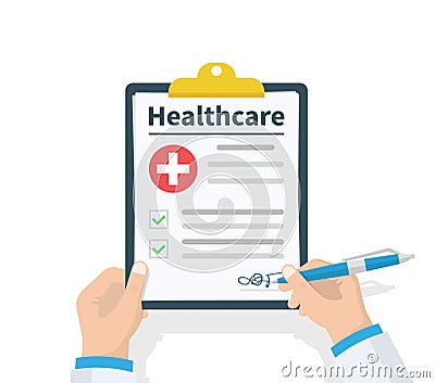 Doctor hold clipboard Healthcare and takes notes on it. Medical report. Checklist. Flat design, vector illustration on Vector Illustration