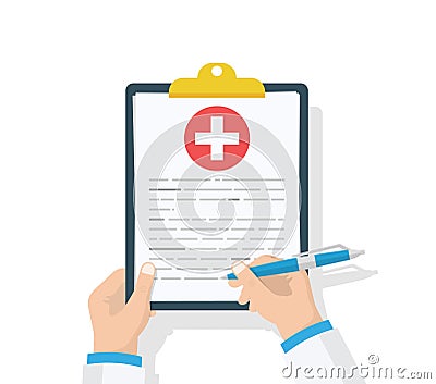 Doctor hold clipboard and takes notes on it. Medical report. Checklist. Flat design, vector illustration on background Vector Illustration