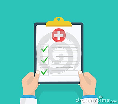 Doctor hold clipboard and takes notes on it. Medical report. Checklist. Flat design, vector illustration on background Vector Illustration