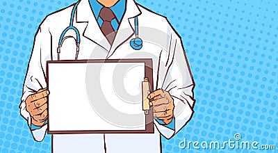 Doctor Hold Empty Medical Clipboard Male Prectitioner In White Coat Closeup Over Comic Dotted Background Vector Illustration