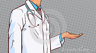 Doctor Hold Open Palm Hand To Copy Space Closeup Medical Male Prectitioner In White Coat Over Comic Retro Background Vector Illustration