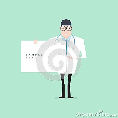 Doctor holding a blank sheet and pointing by index finger. Vector Illustration