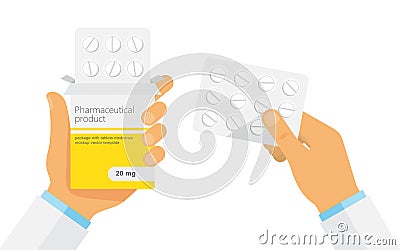 Doctor holding blister pack of pills in hands. Vector Illustration